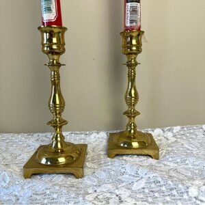 Pair of Vintage Solid Brass Made in England CandleHolders w Taper Candles